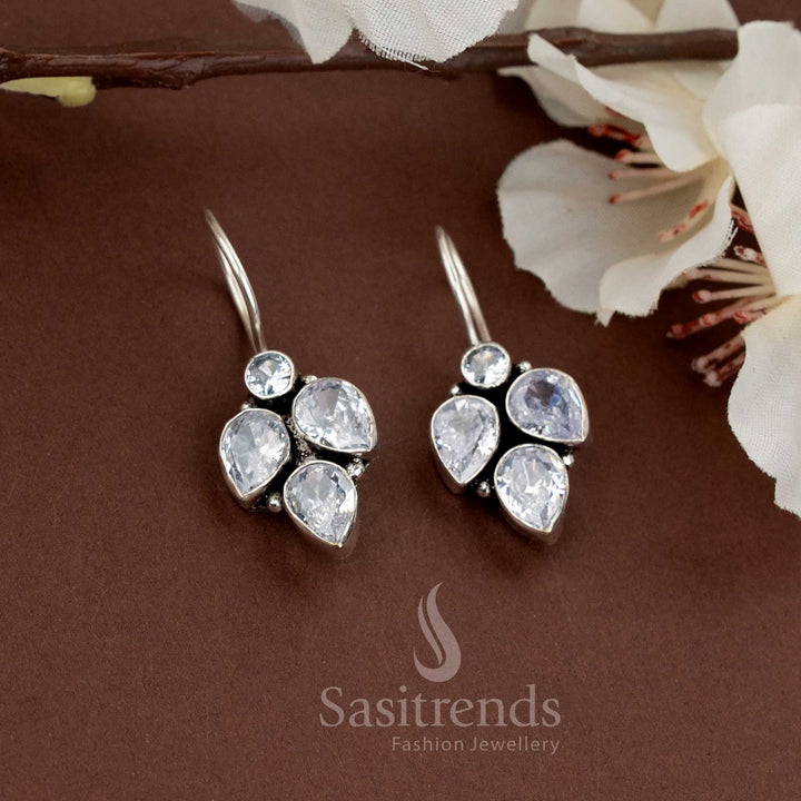 Crystal-like white stone cluster earrings in oxidised finish, ideal for daily wear and simple looks – Sasitrends