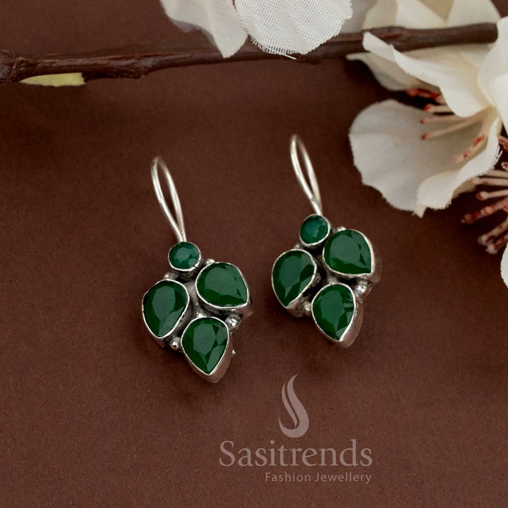 Natural green stone cluster earrings in oxidised metal, great for college and daily styling – Sasitrends