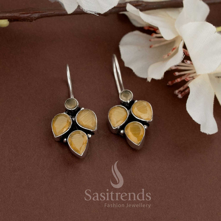 Casual oxidised earrings featuring yellow natural stone clusters in a teardrop form – Sasitrends