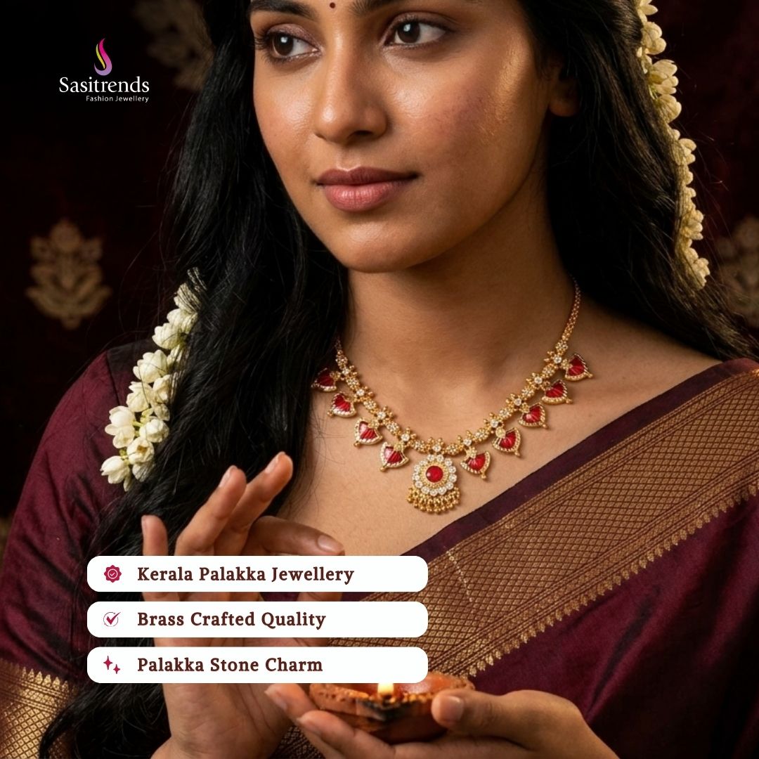 Guaranteed Micro gold plated AD stone palakka necklace model image - Sasitrends