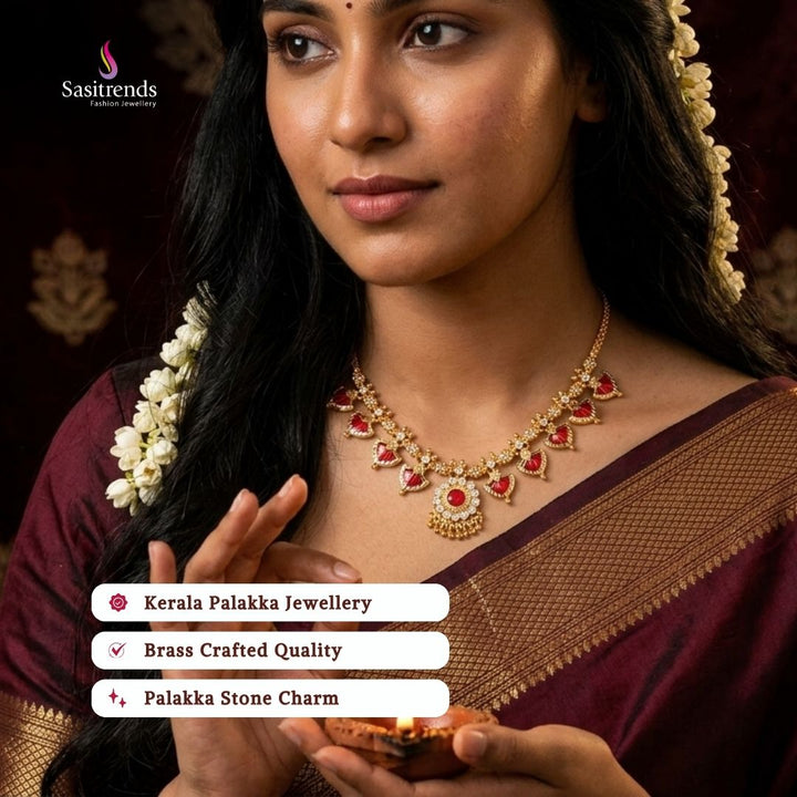 Guaranteed Micro gold plated AD stone palakka necklace model image - Sasitrends