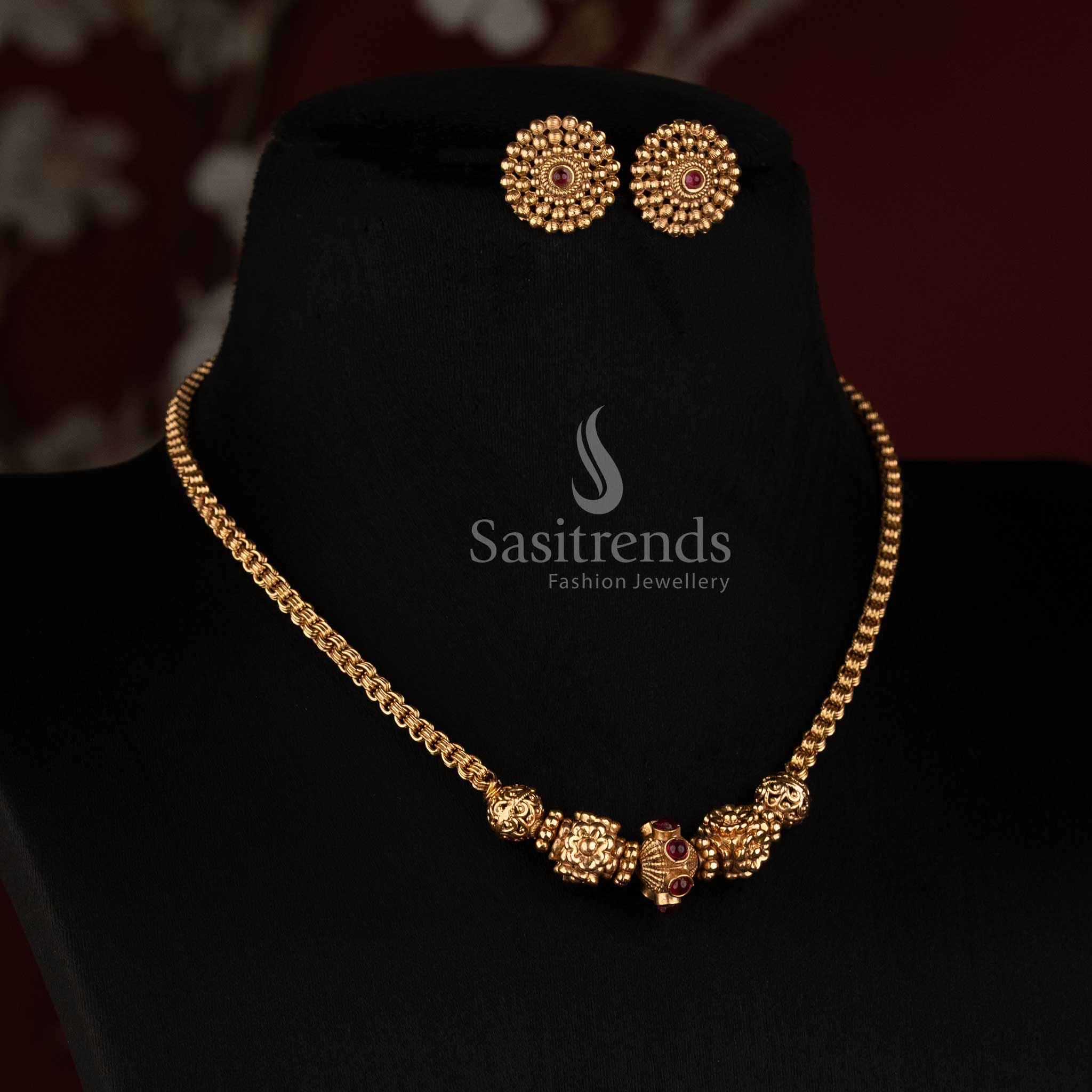 Antique South Indian Temple-Inspired Golden Beads Chain Mala Necklace Set with Round Floral Stud Earrings - Sasitrends