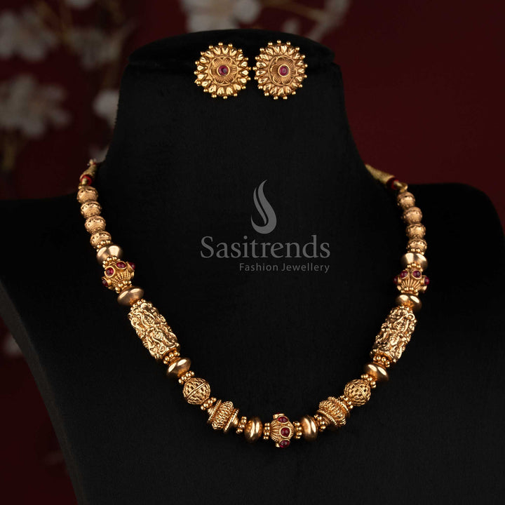 Traditional Antique Gold Lakshmi Cylinder & Filigree Ball Strand Mala Necklace Set with Ruby Accents & Matching Studs - Sasitrends