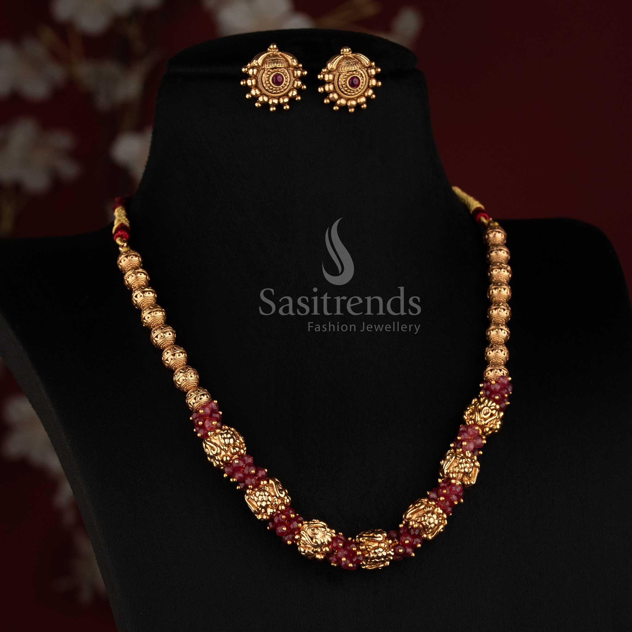 Traditional Antique Coral Pearl Golden Bead Long Mala Necklace Set for Women - Sasitrends