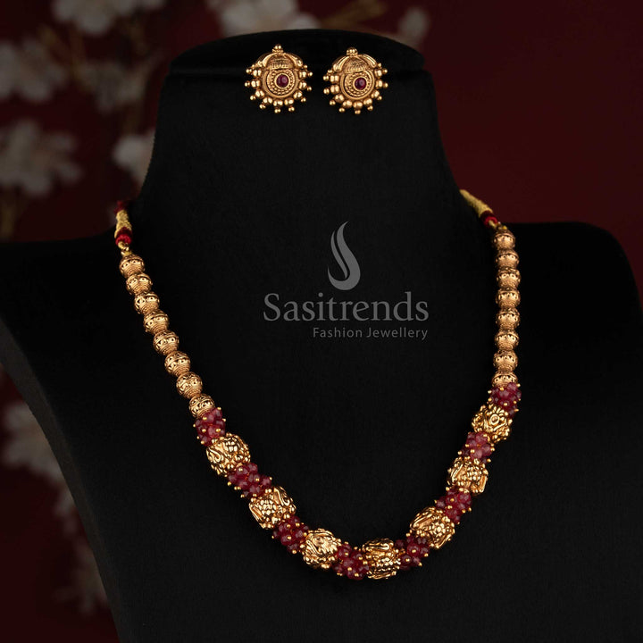 Traditional Antique Coral Pearl Golden Bead Long Mala Necklace Set for Women - Sasitrends
