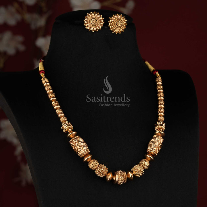 Goddess Lakshmi Barrel & Textured Golden Bead Strand Mala Necklace Set with Matching Floral Stud Earrings