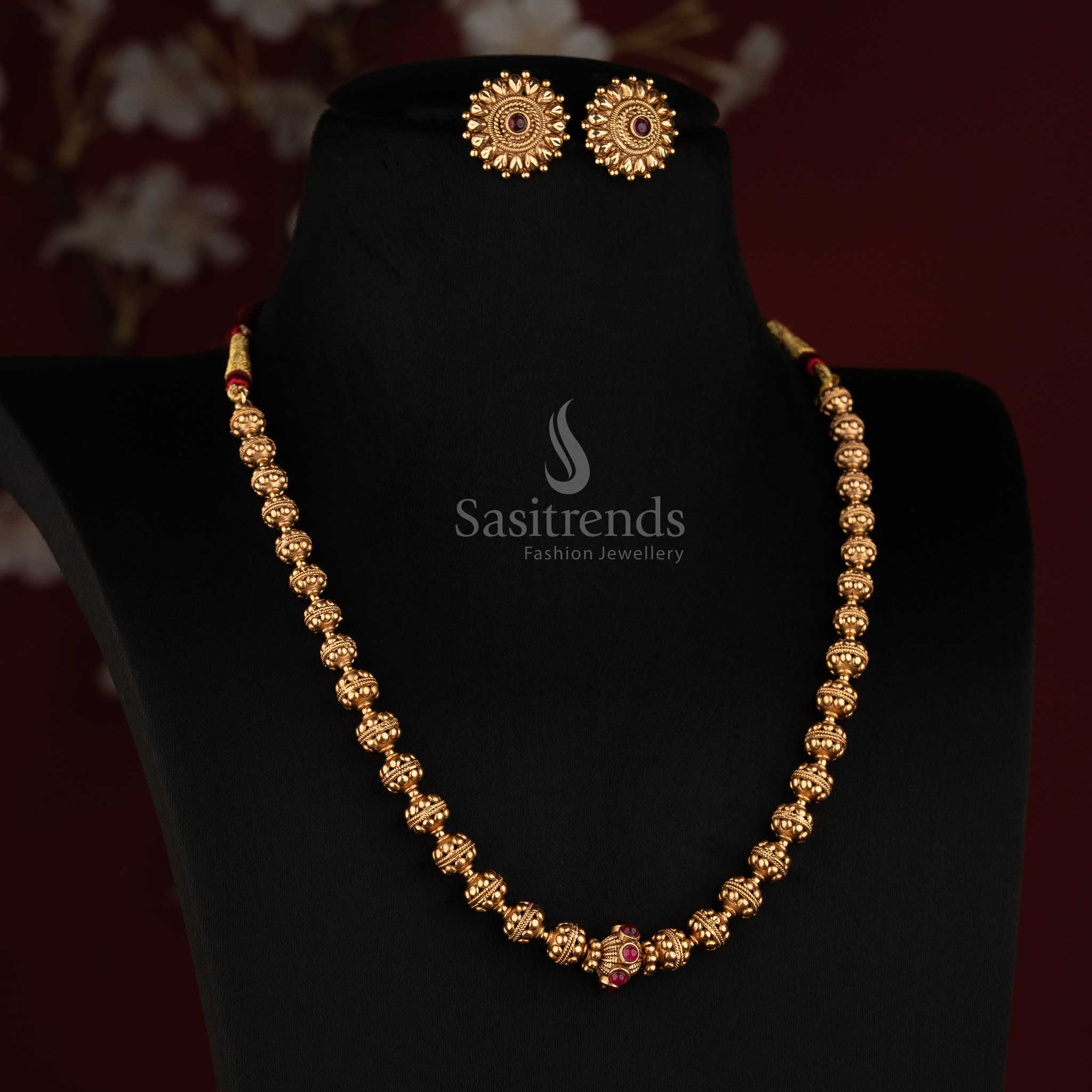 Traditional Antique Coral Pearl Golden Bead Long Mala Necklace Set for Women - Sasitrends