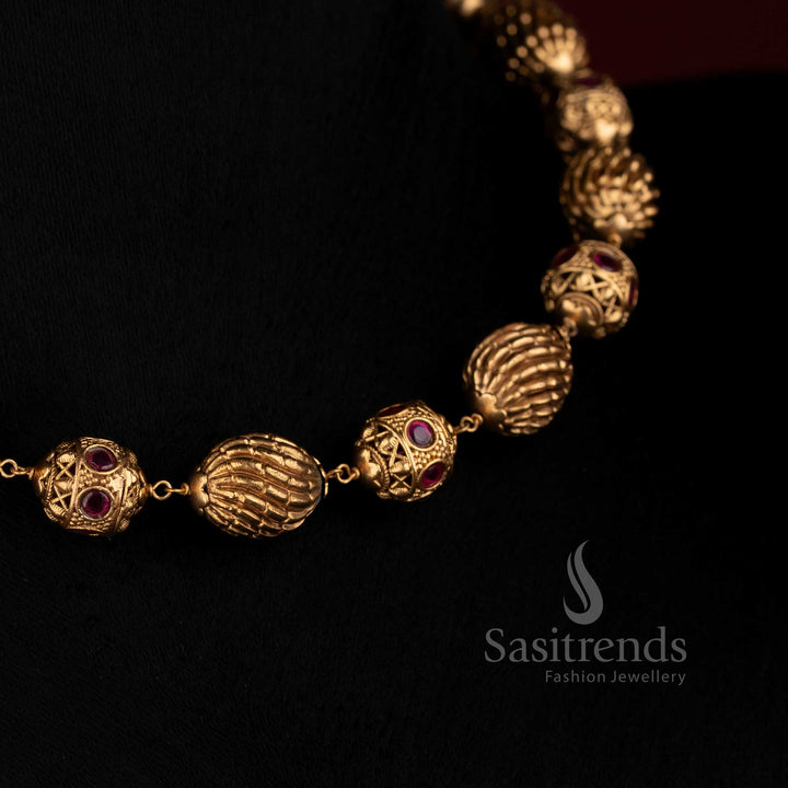 Sasitrends antique gold plated traditional temple bead necklace with intricate stone detailing 