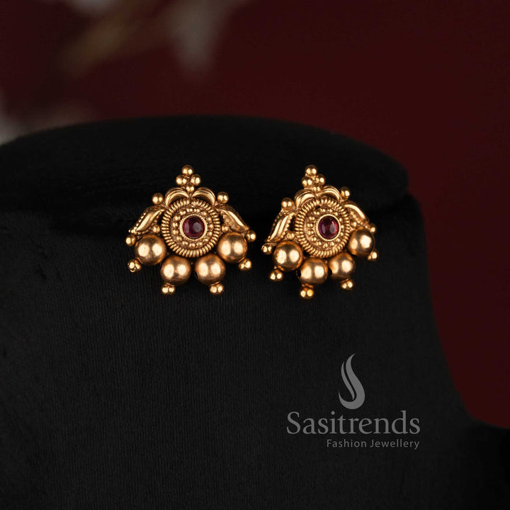 Traditional Antique Gold Square Bead Long Necklace Set with Temple Style Centre Motif - Sasitrends