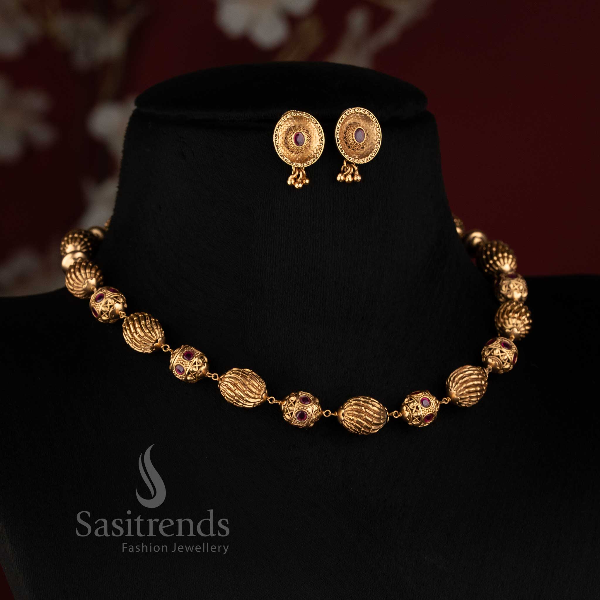 Antique Gold Plated Traditional Temple Bead Necklace with Intricate Stone Studded Detailing