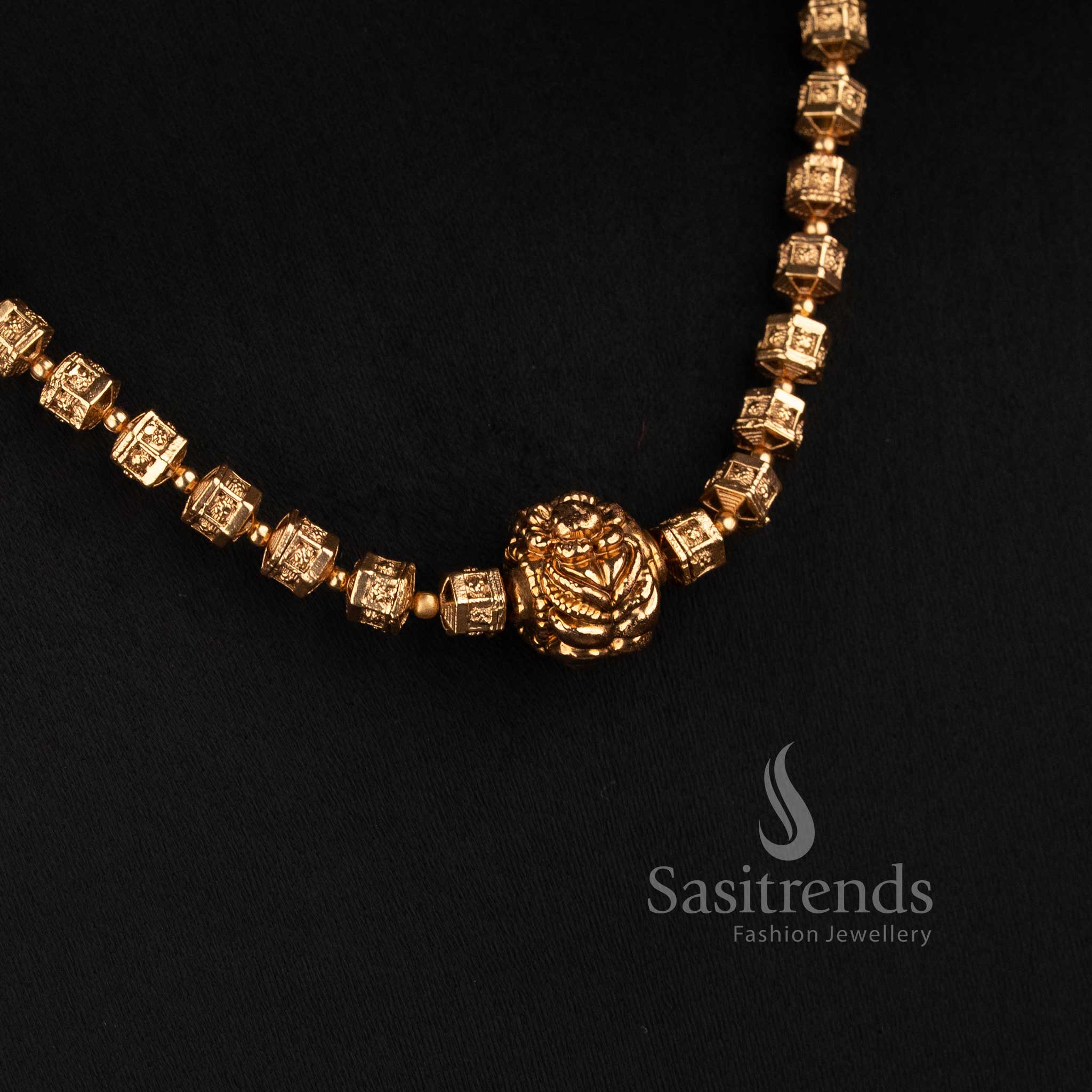 Antique Gold Plated Traditional Temple Style Square Bead Long Necklace Jewellery Set with Detailed Centre Motif - Sasitrends