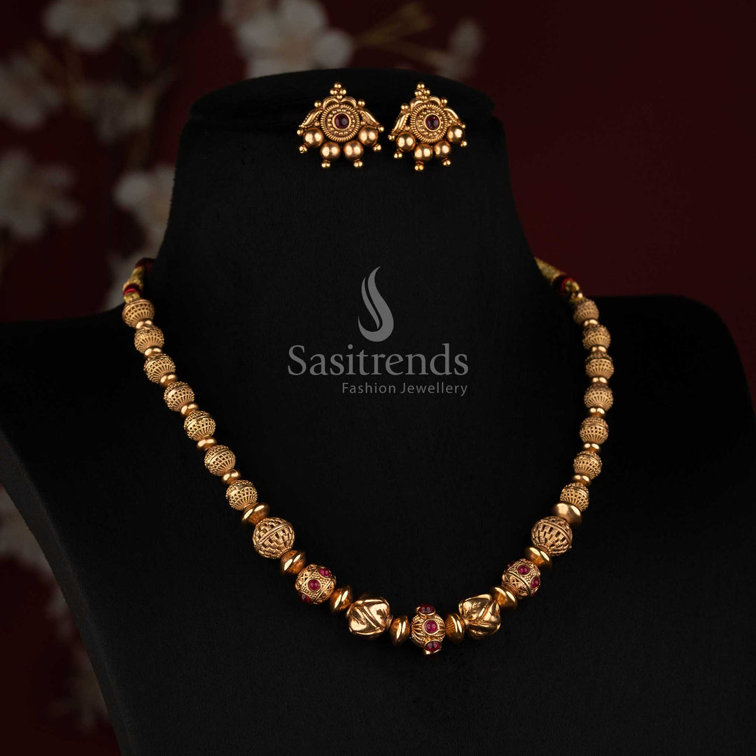 Traditional Antique Gold Shell and Filigree Golden Bead Mala Necklace Set for Women - Sasitrends
