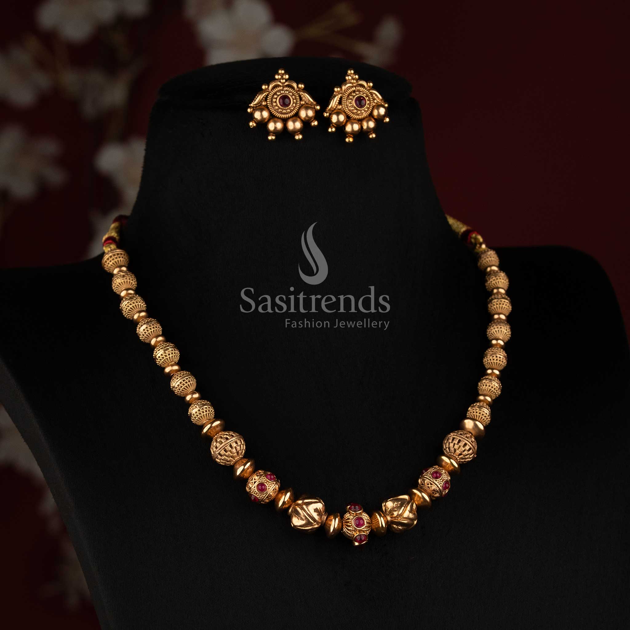 Traditional Antique Gold Shell and Filigree Golden Bead Mala Necklace Set for Women - Sasitrends