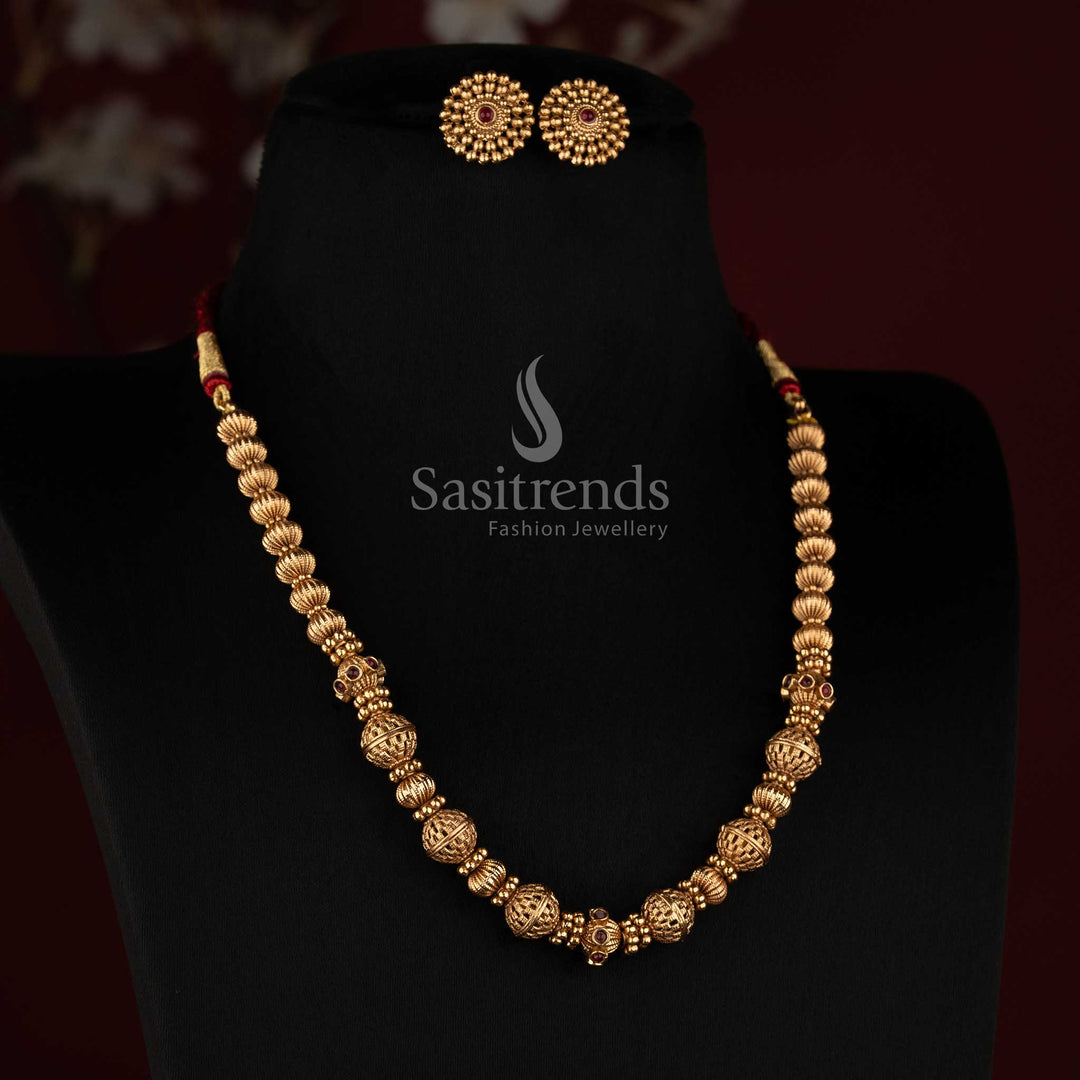 Royal Antique Gold Graduated Ribbed and Filigree Sphere Mala Necklace Set - Sasitrends