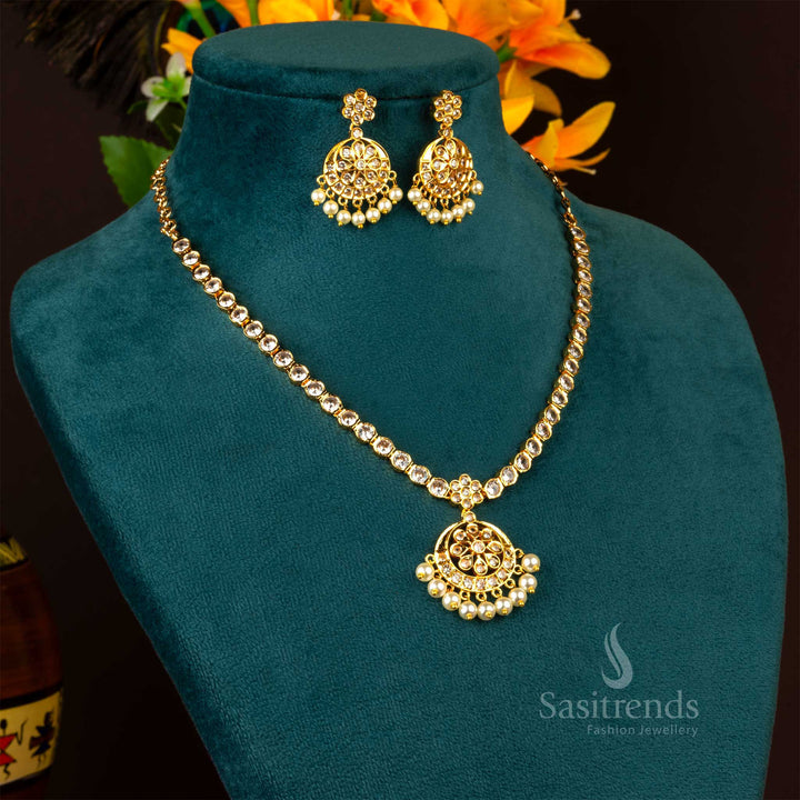 Graceful white Attigai jewellery set in micro gold polish, adorned with pearl hangings and elegant American diamond floral design for timeless traditional charm – Sasitrends