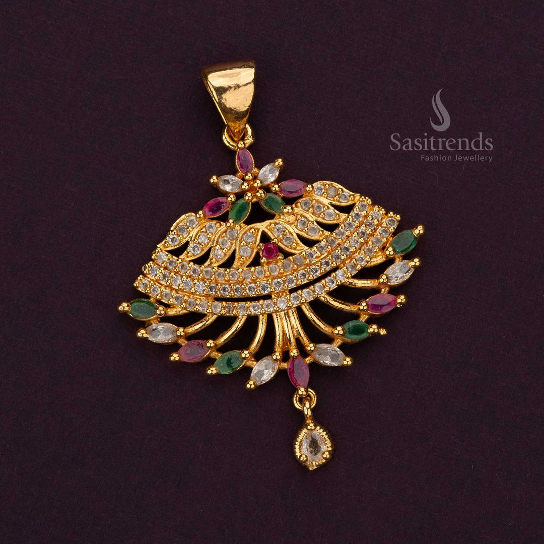 Elegant floral micro gold-plated long pendant with American diamonds - Sasitrends