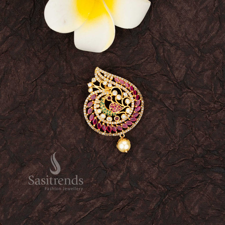 Ethereal Majesty Micro Gold Plated Peacock Paisley American Diamond Pendant with Pearl Droplet