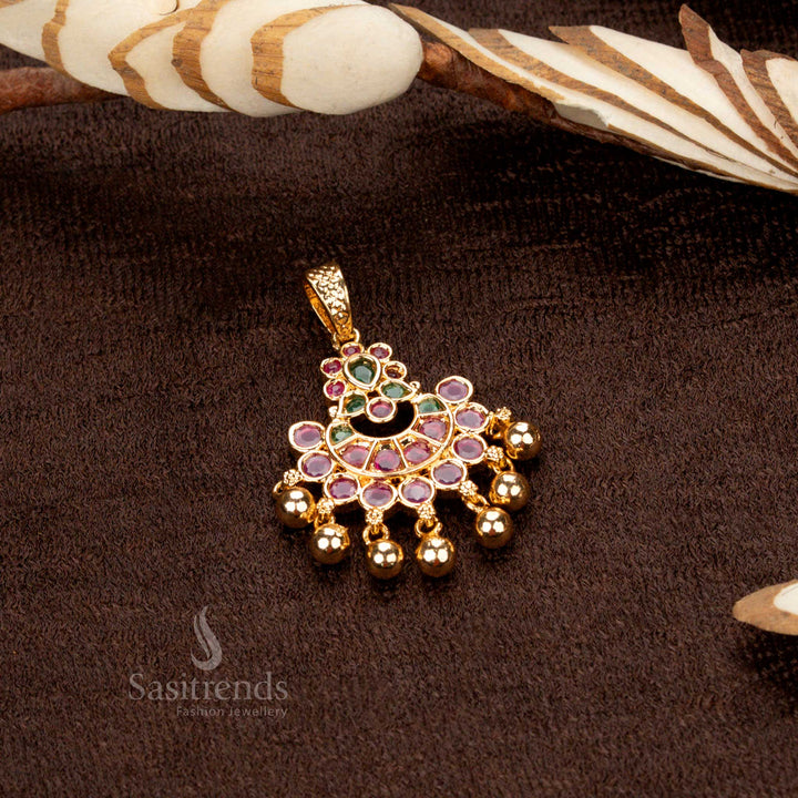 Handcrafted micro gold plated pendant featuring ruby-green stones and American diamonds, a classic choice for ethnic jewellery lovers - Sasitrends
