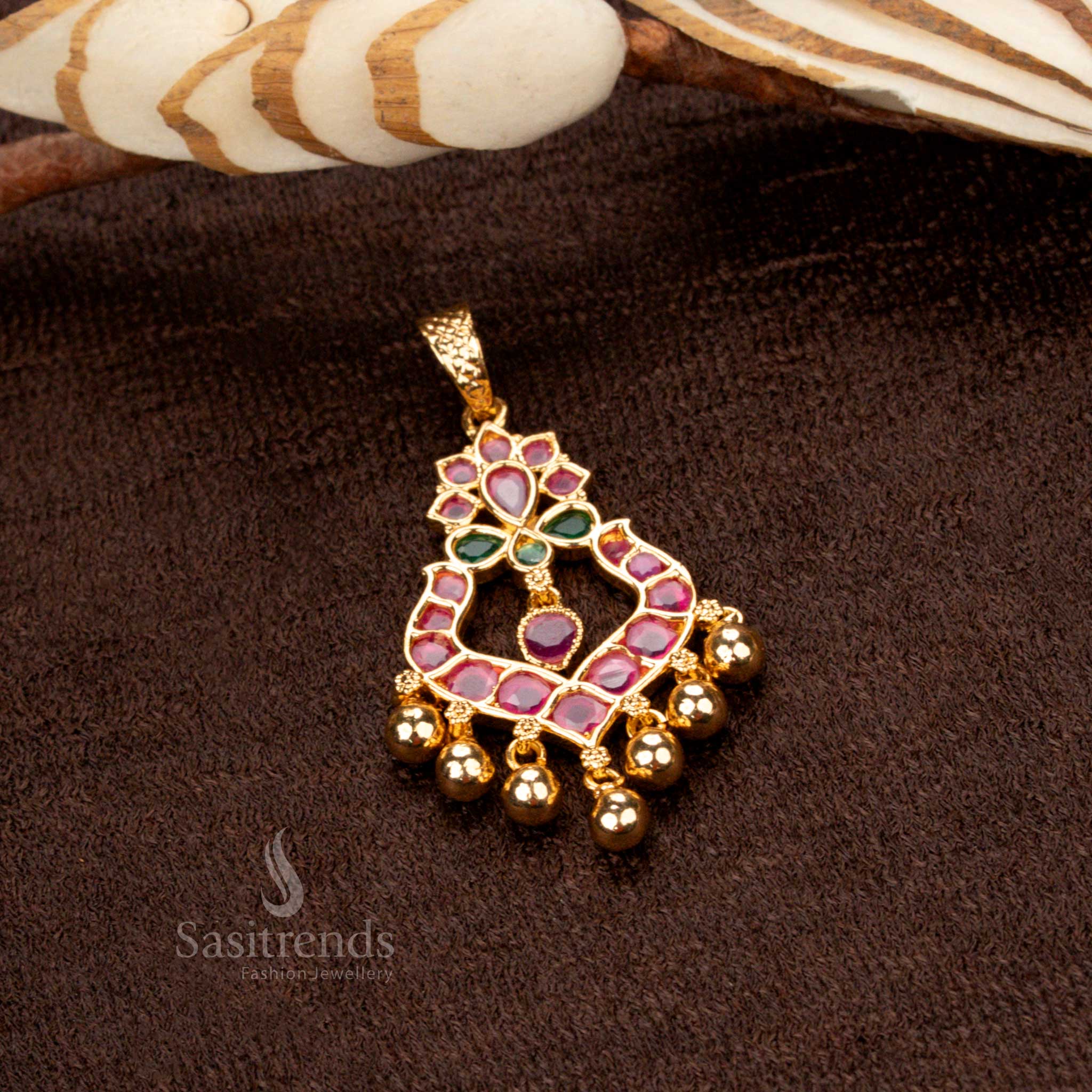 Grand lotus floral designer golden ball pendant with micro gold plating, adorned with ruby-green stones and radiant American diamonds - Sasitrends