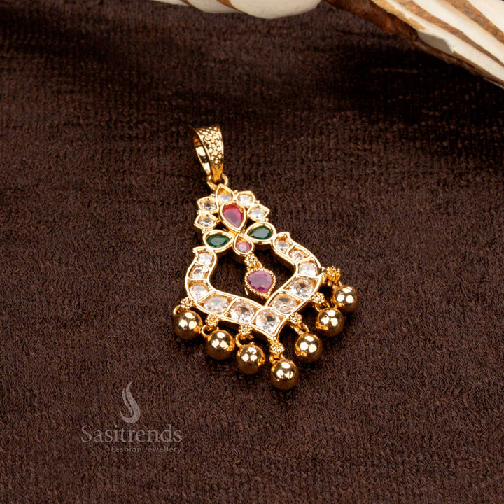 Ornate micro gold plated golden ball pendant featuring a floral lotus motif with colorful American diamonds, a statement jewellery piece - Sasitrends