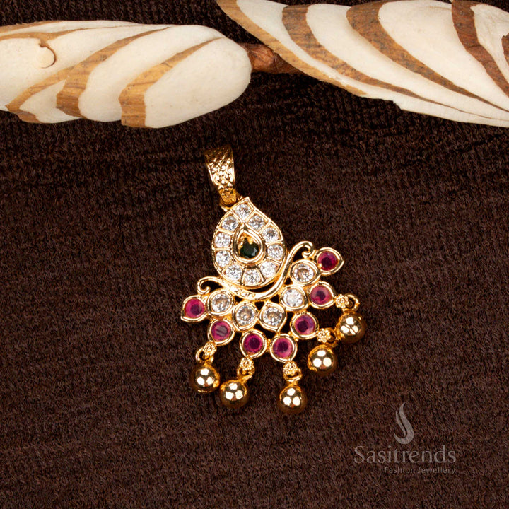 Royal micro gold plated pendant with intricate lotus floral details, featuring multi stones for a heritage-inspired jewellery collection - Sasitrends