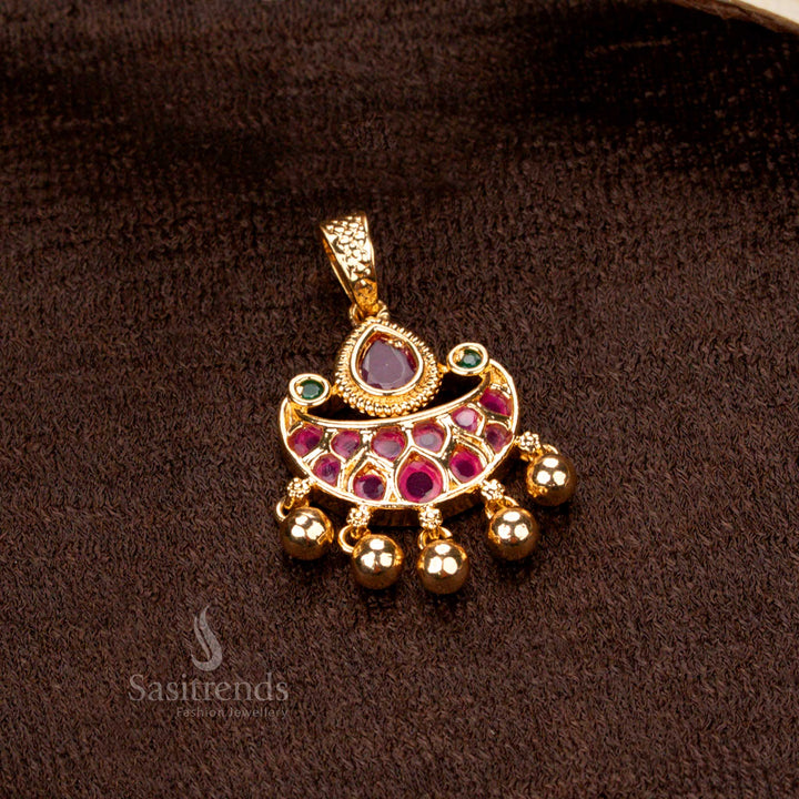 Beautifully crafted micro gold plated floral golden ball pendant with ruby-green stones and American diamond embellishments, a royal jewellery piece - Sasitrends