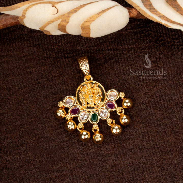 Elegant micro gold plated temple-style Lakshmi golden ball pendant with multi-color AD stones, perfect for weddings and religious occasions - Sasitrends