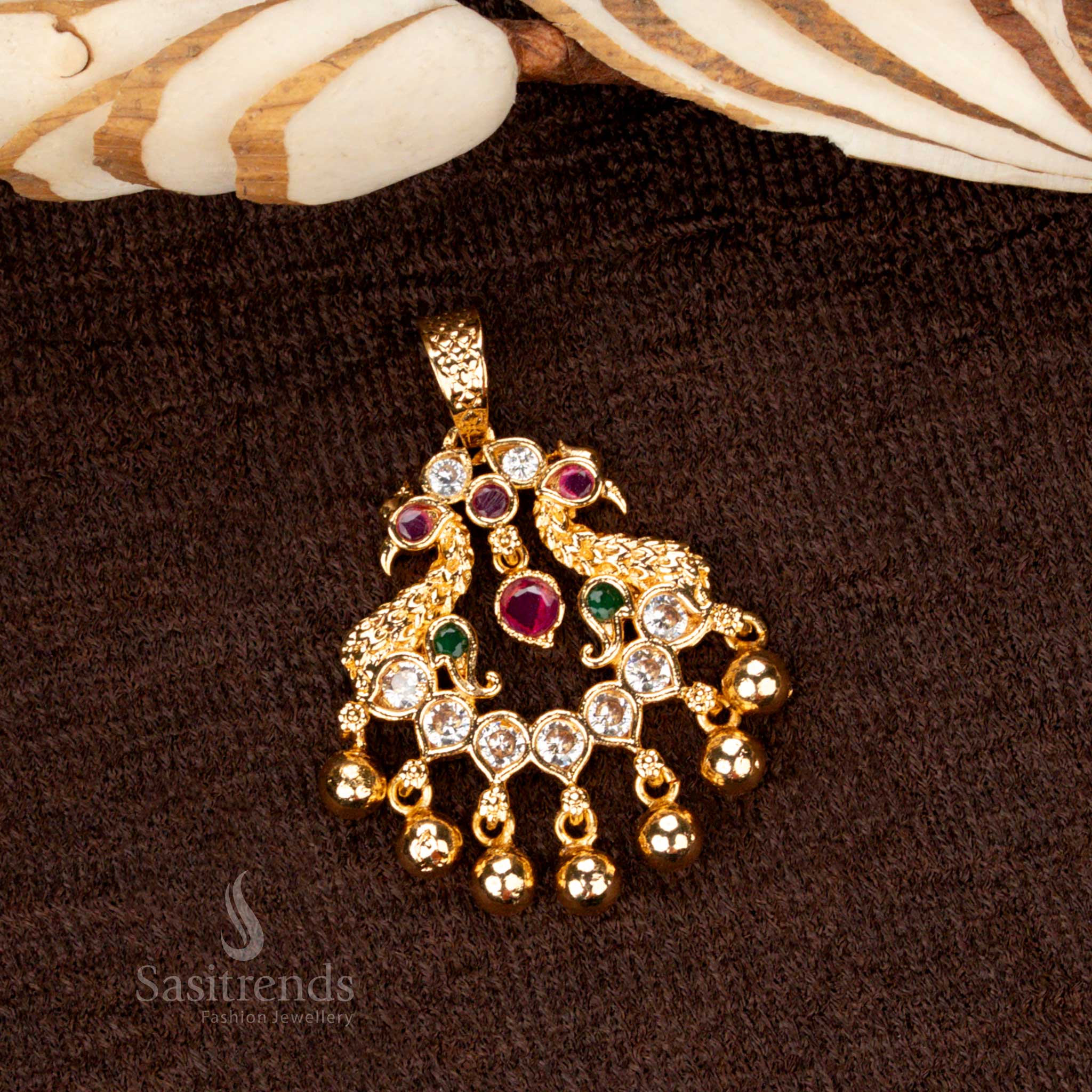 Luxurious peacock-inspired golden ball pendant with intricate micro gold plating and multi-gemstone accents, blending tradition and glamour - Sasitrends