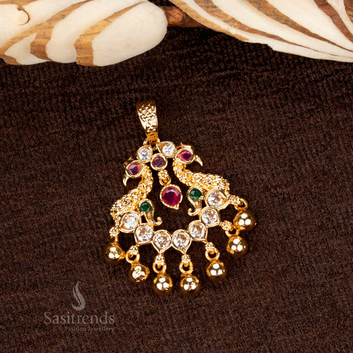 Luxurious peacock-inspired golden ball pendant with intricate micro gold plating and multi-gemstone accents, blending tradition and glamour - Sasitrends