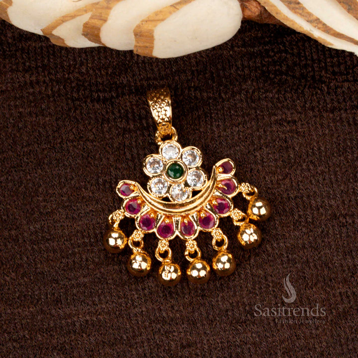 Stylish micro gold plated flower-motif golden ball pendant, designed with detailed craftsmanship and adorned with shimmering AD stones - Sasitrends