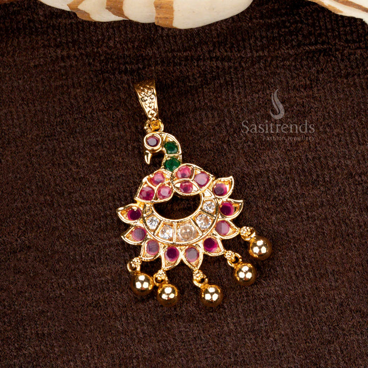 Luxurious peacock-inspired golden ball pendant with intricate micro gold plating and multi-gemstone accents, blending tradition and glamour - Sasitrends