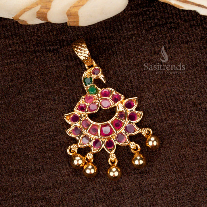 Regal peacock golden ball pendant with traditional micro gold plating and stunning ruby-green AD stonework, a perfect ethnic jewellery piece - Sasitrends