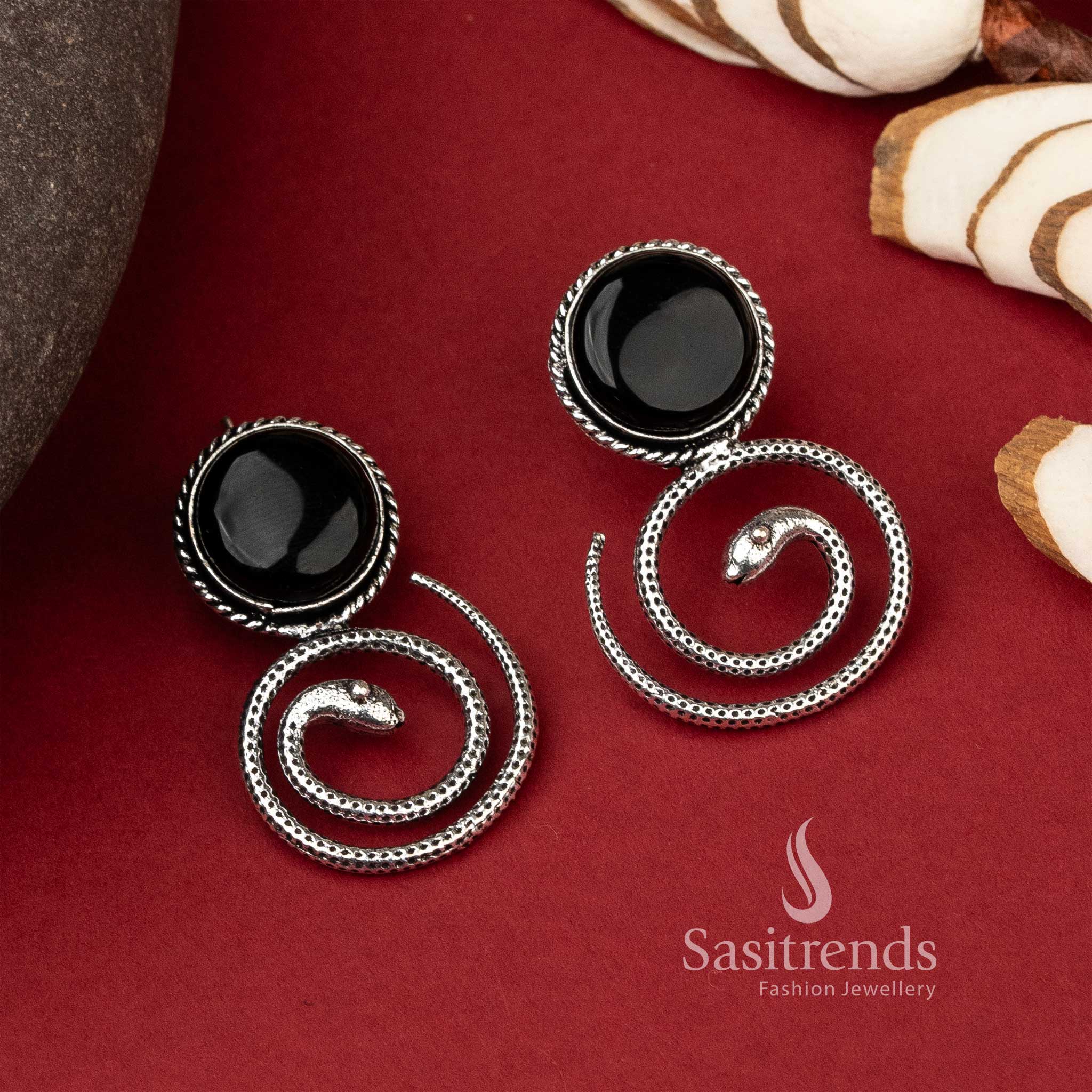 Black Monalisa stone on coiled snake design oxidized earrings