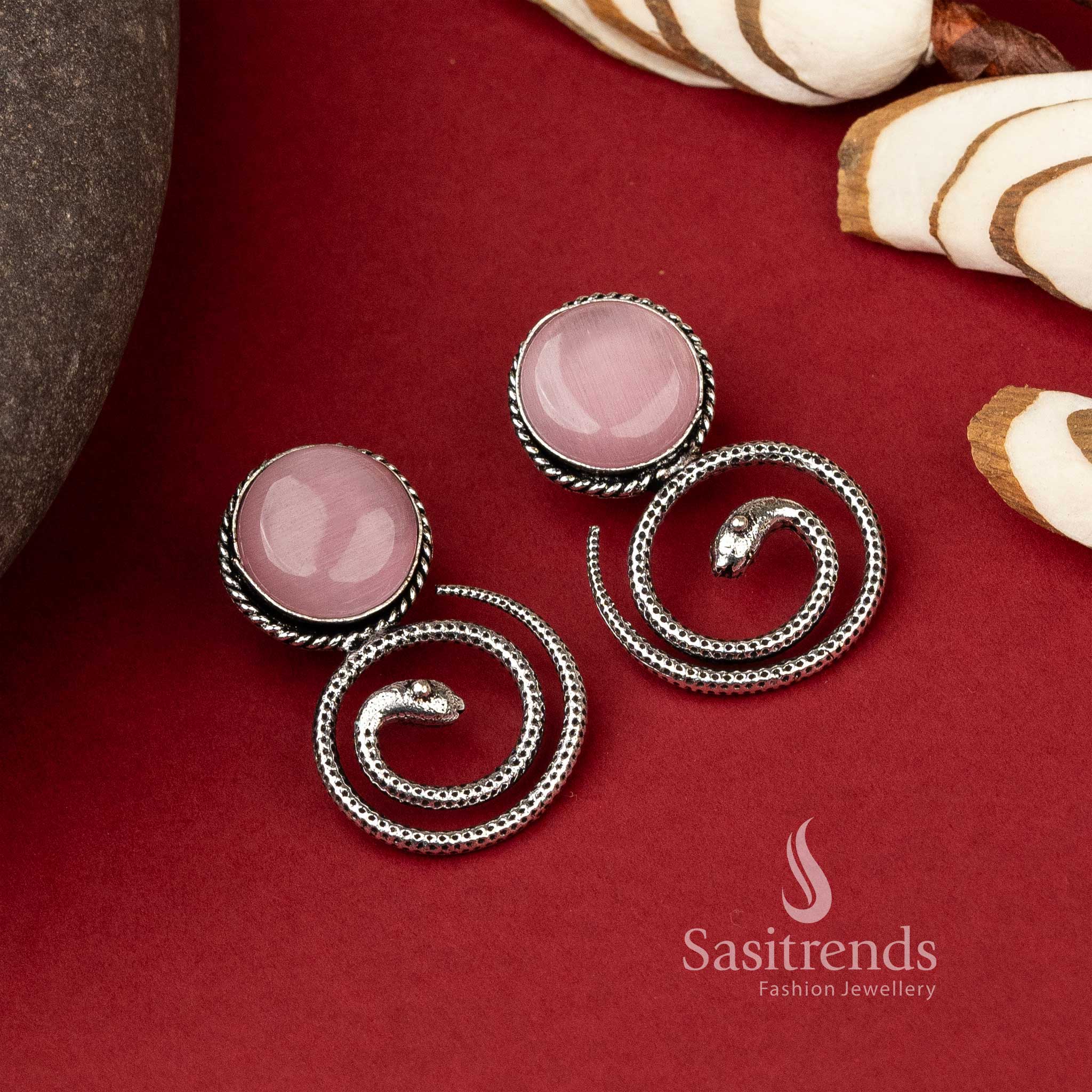 Coiled snake earrings with Pink-colored Monalisa stone