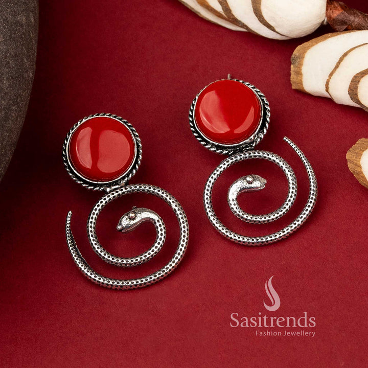 Coiled Snake Earrings with Red Monalisa Stone Against Oxidised Silver