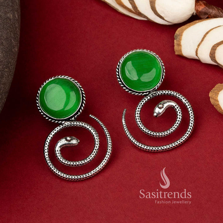 Coiled Snake Design Earrings with Grass Green Monalisa Stone in Oxidised Silver