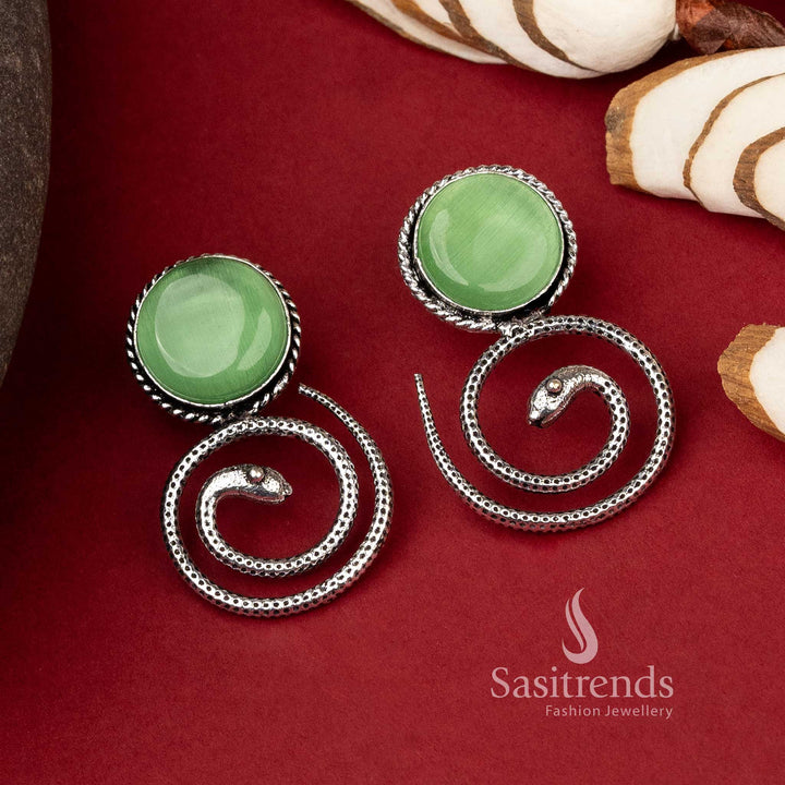 Sea green Monalisa stone in oxidised silver coiled snake earrings