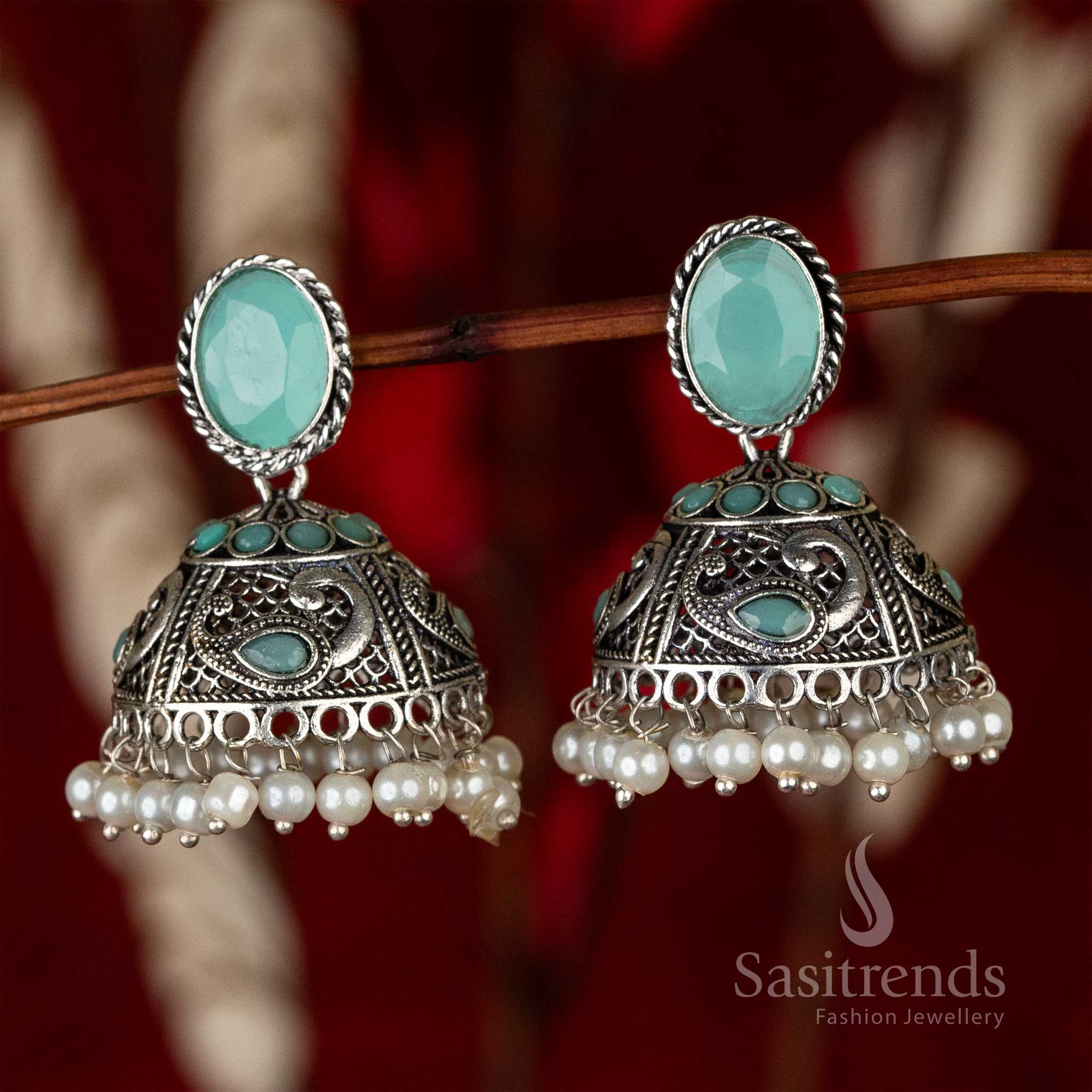 Mint Oxidised German Silver Jhumka Earrings Online Shopping