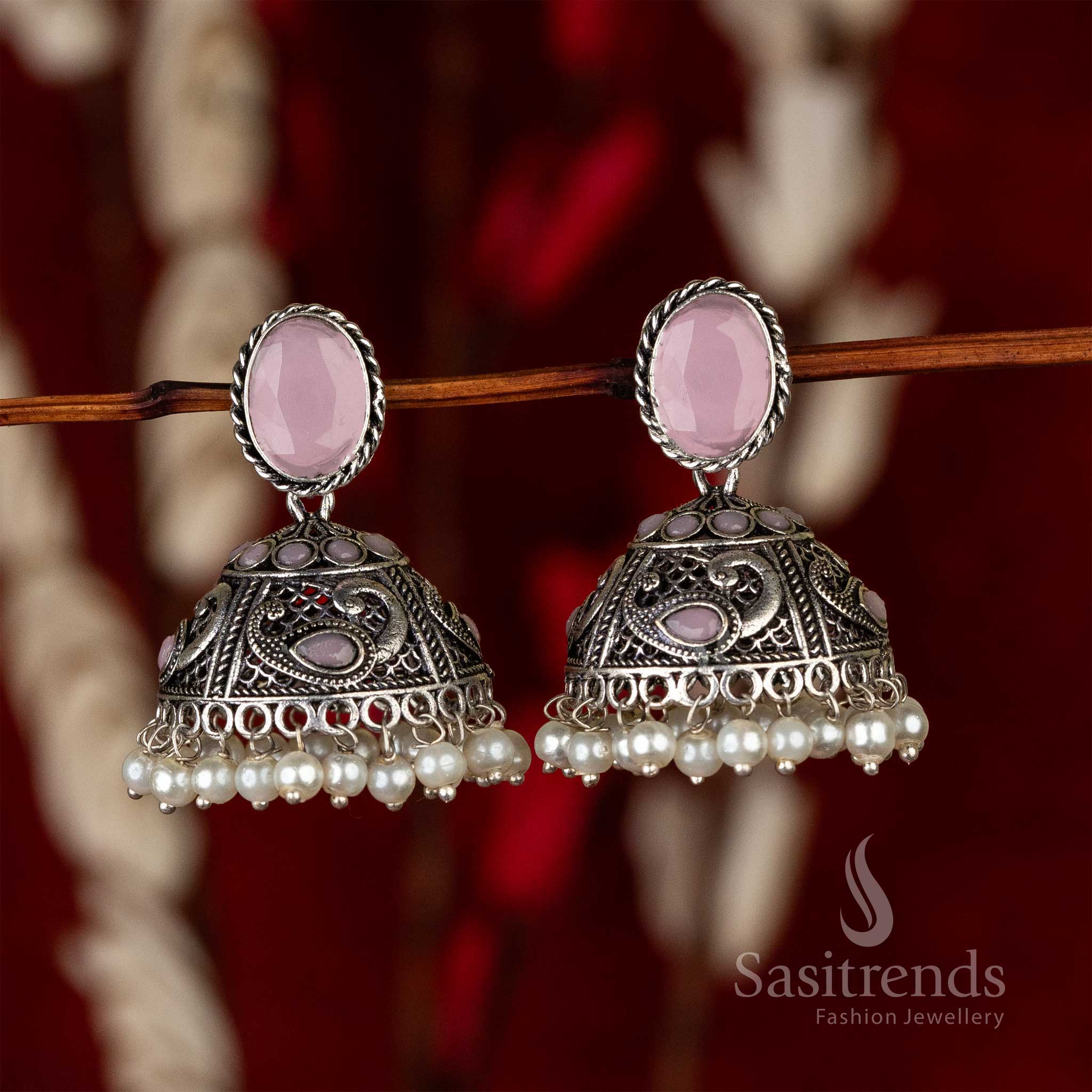 Oxidised Peacock Designer Pink Monalisa Stone Jhumka Earrings Sasitrends