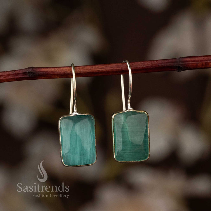 Elegant Oxidised Silver Rectangular Stone Fish Hook Earrings - Sasitrends