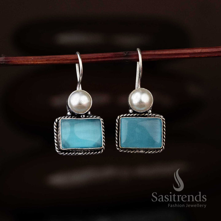 Chic Oxidised Silver Rectangular Stone & Pearl Earrings - Sasitrends
