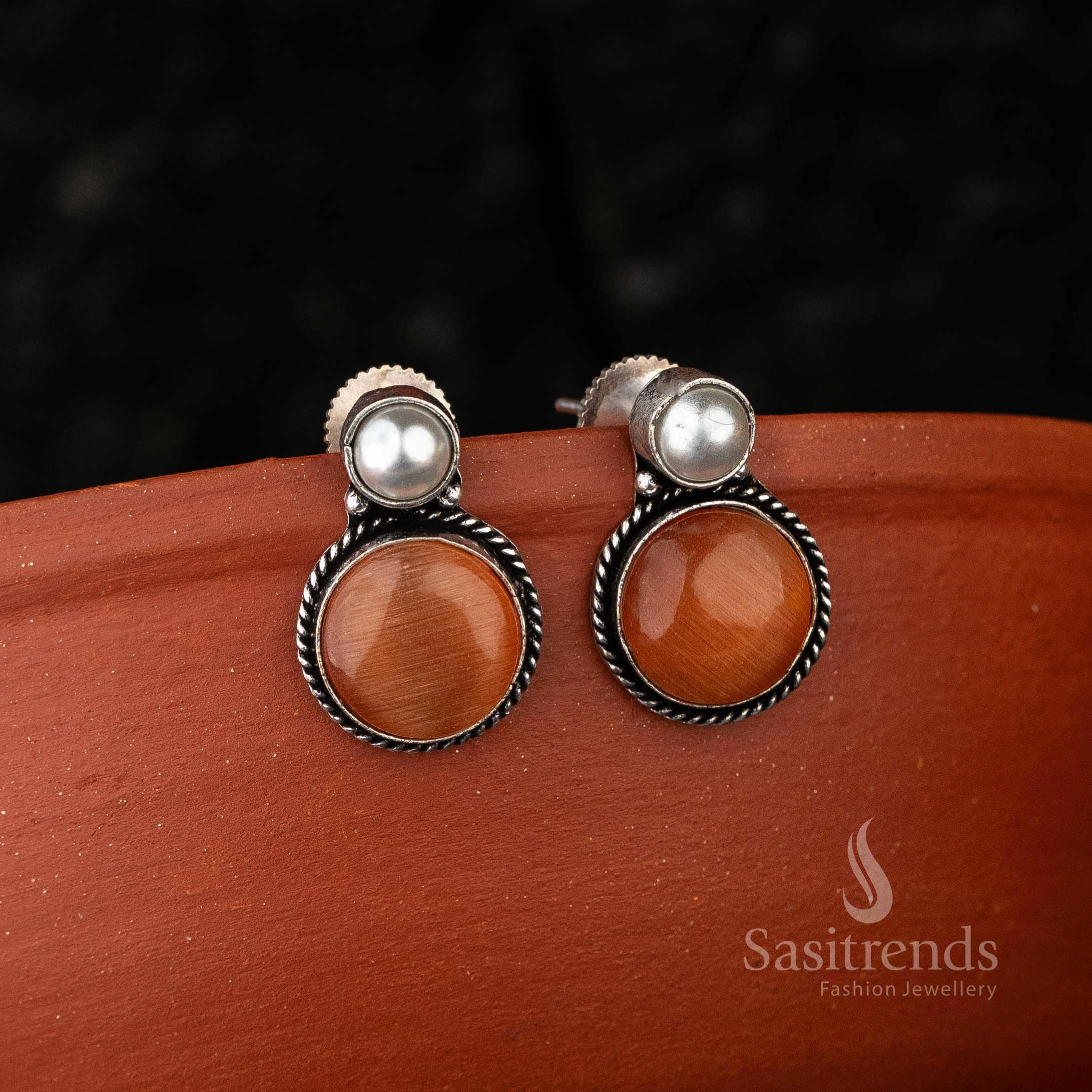 Navarathiri Oxidised Jewellery with Peach Monalisa Stone Earrings