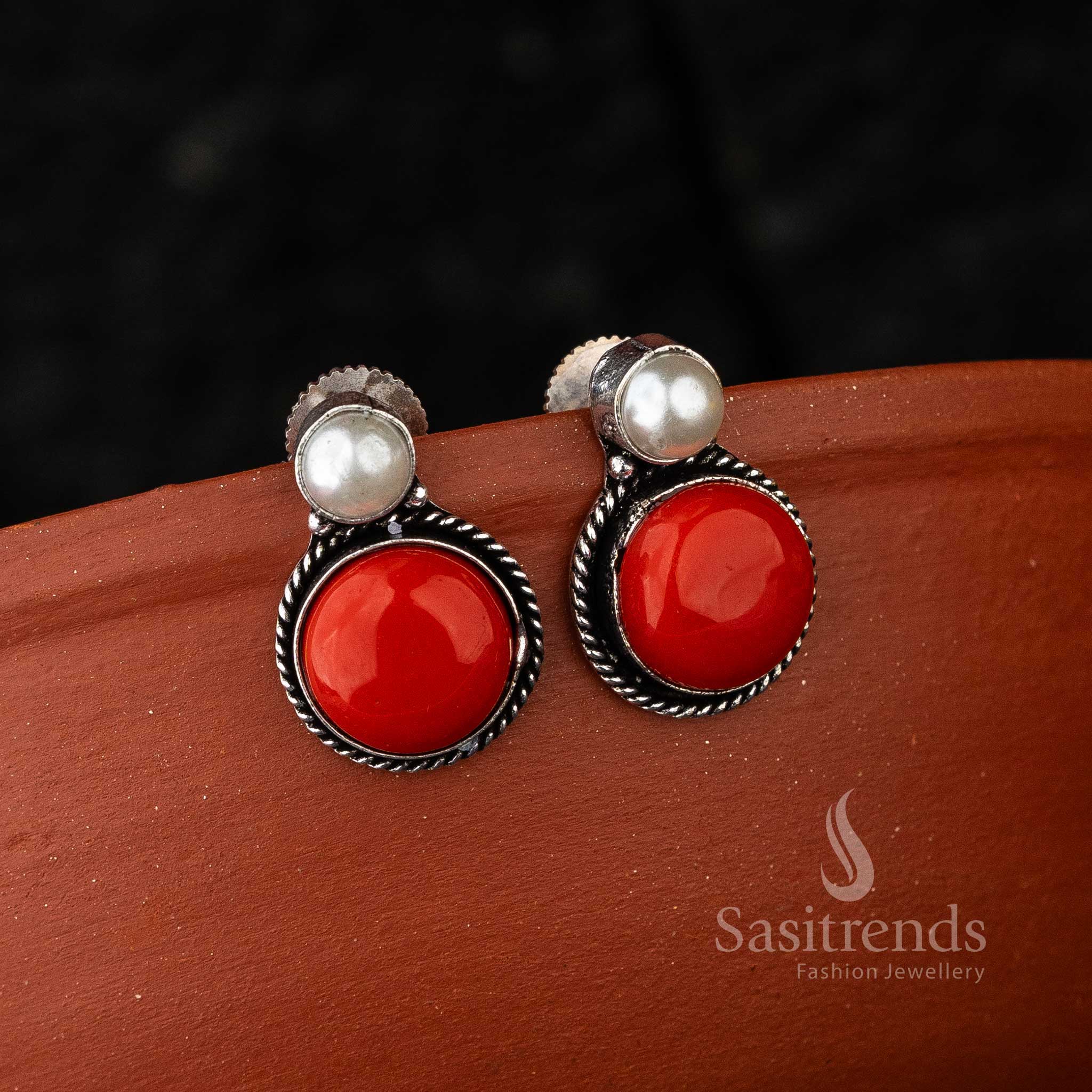 Oxidised Jewellery with Red Stone Earrings for Navarathiri