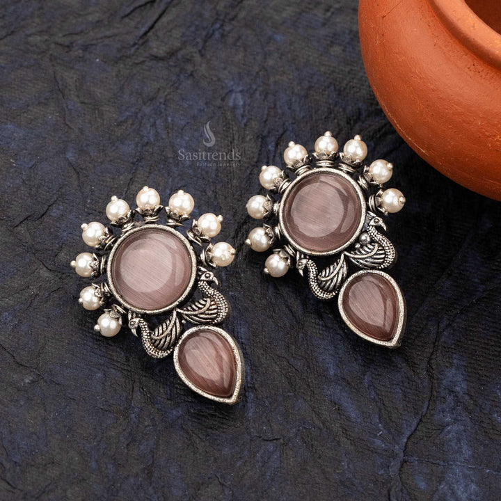 Light Dark-Pink casual wear earrings with vintage peacock design and round stone - sasitrends