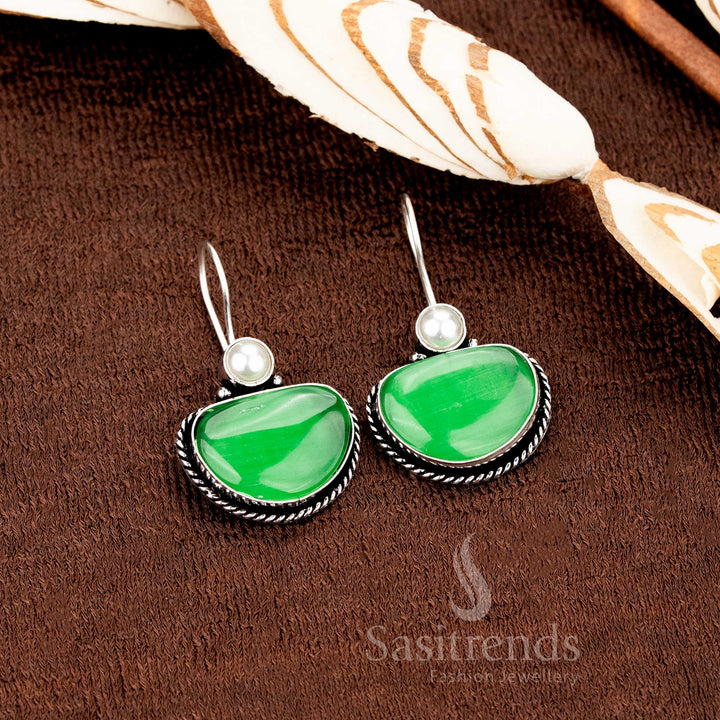 casual wear oxidised pearl fish hook light green semi moon earning - Sasitrends