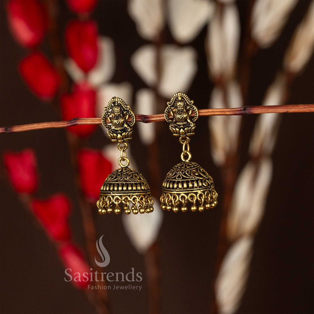 Antique Gold Lakshmi Jhumka Earrings with Beaded Detailing