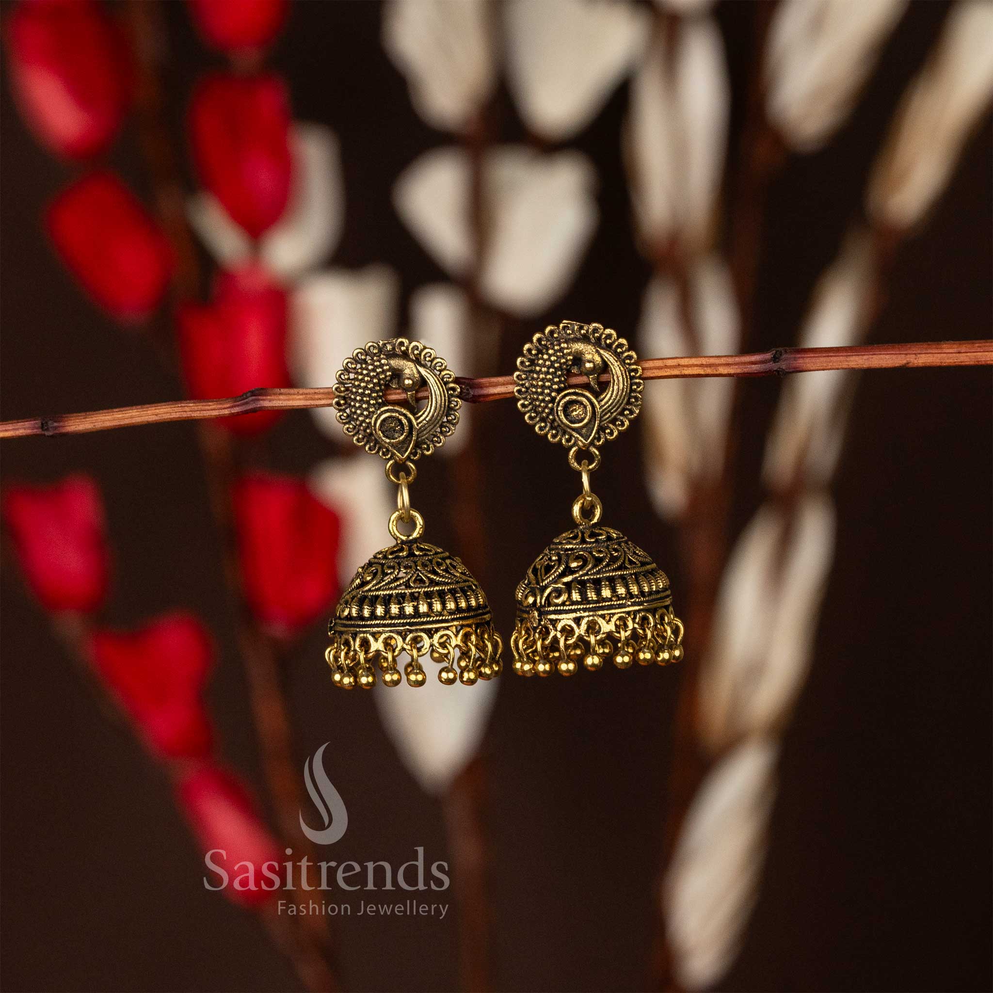 Antique Gold Jhumka Earrings with Peacock Design Top 