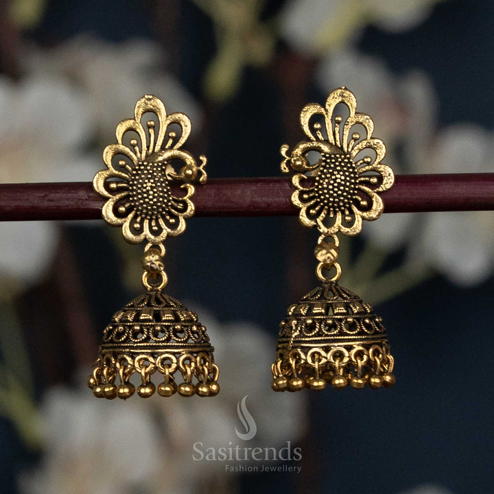 Antique Gold Peacock Jhumka Earrings with Beaded Detailing