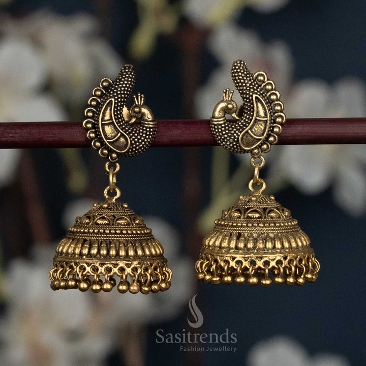 Antique Gold peacock Jhumka Earrings with Beaded Detailing - Sasitrends