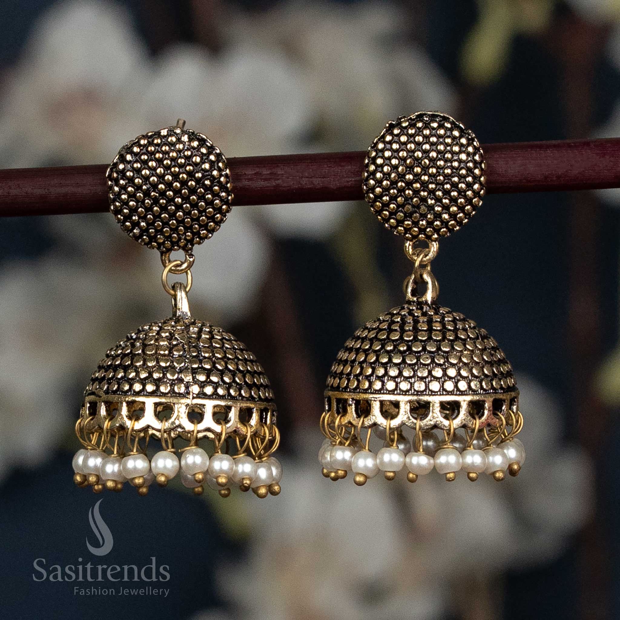 Antique Gold peacock Jhumka Earrings with Beaded Detailing - Sasitrends